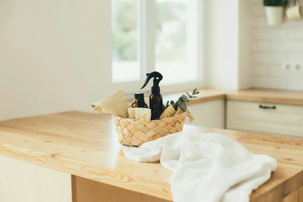 Eco-friendly cleaning items in a basket on kitchen table
